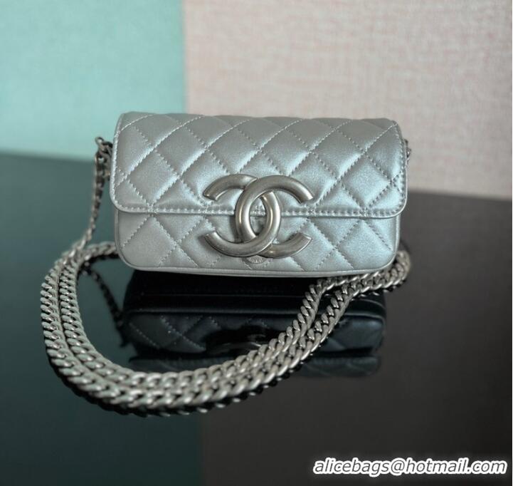 Famous Brand Chanel MINI FLAP BAG Lambskin & silver-Tone Metal AS3207 silver