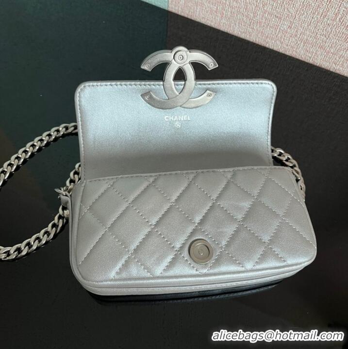 Famous Brand Chanel MINI FLAP BAG Lambskin & silver-Tone Metal AS3207 silver