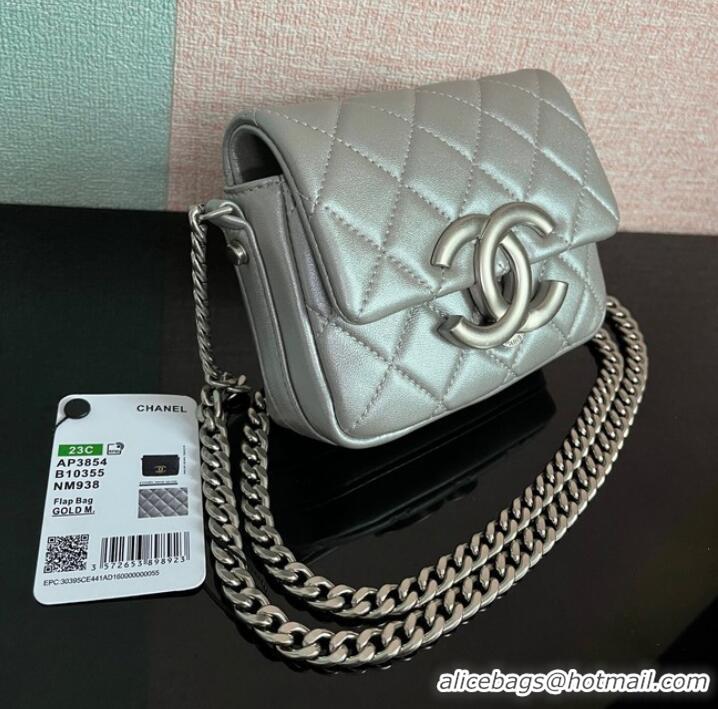 Promotional Chanel MINI FLAP BAG Lambskin & silver-Tone Metal AS3854 silver