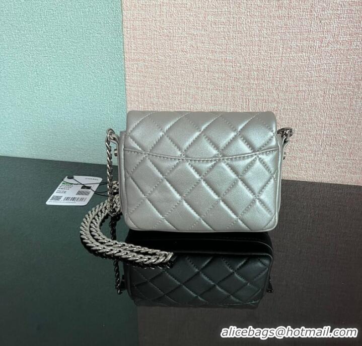 Promotional Chanel MINI FLAP BAG Lambskin & silver-Tone Metal AS3854 silver