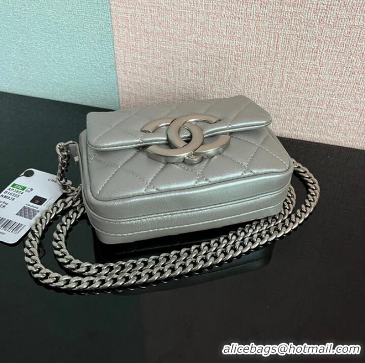 Promotional Chanel MINI FLAP BAG Lambskin & silver-Tone Metal AS3854 silver