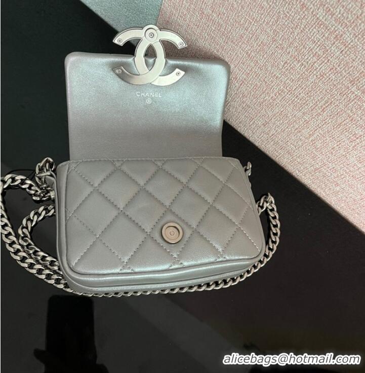 Promotional Chanel MINI FLAP BAG Lambskin & silver-Tone Metal AS3854 silver