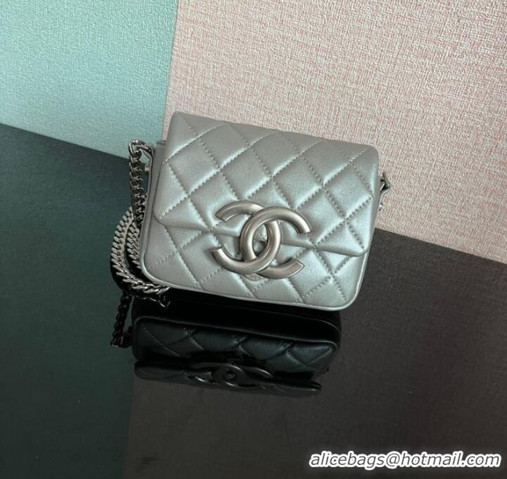 Promotional Chanel MINI FLAP BAG Lambskin & silver-Tone Metal AS3854 silver