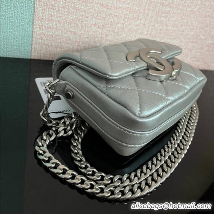 Promotional Chanel MINI FLAP BAG Lambskin & silver-Tone Metal AS3854 silver