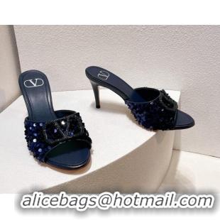 Best Grade Valentino Crystal VLogo Slide Sandals 8cm in Shiny Sequins Royal Blue 330090