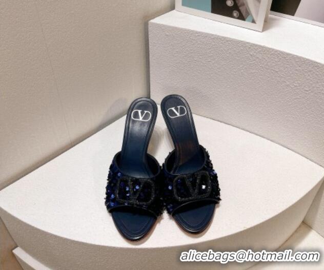 Best Grade Valentino Crystal VLogo Slide Sandals 8cm in Shiny Sequins Royal Blue 330090