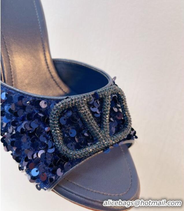 Best Grade Valentino Crystal VLogo Slide Sandals 8cm in Shiny Sequins Royal Blue 330090