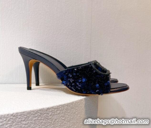 Best Grade Valentino Crystal VLogo Slide Sandals 8cm in Shiny Sequins Royal Blue 330090