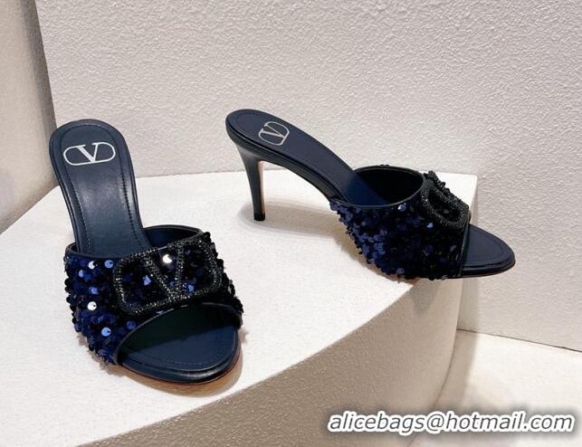 Best Grade Valentino Crystal VLogo Slide Sandals 8cm in Shiny Sequins Royal Blue 330090