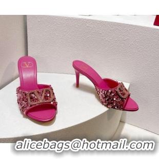 Grade Quality Valentino Crystal VLogo Slide Sandals 8cm in Shiny Sequins Light Pink 330091