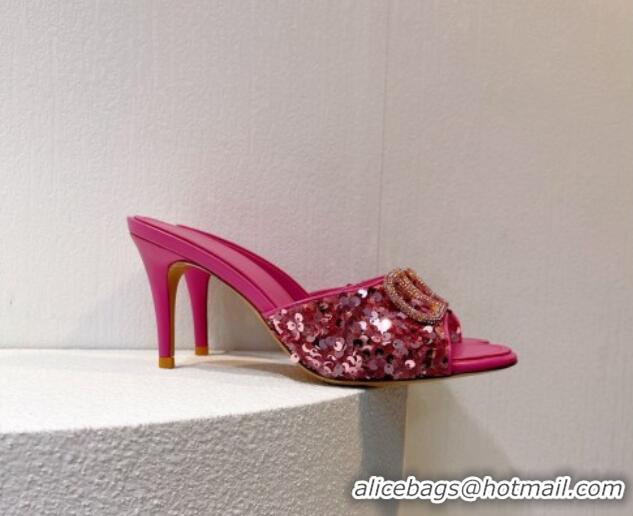 Grade Quality Valentino Crystal VLogo Slide Sandals 8cm in Shiny Sequins Light Pink 330091