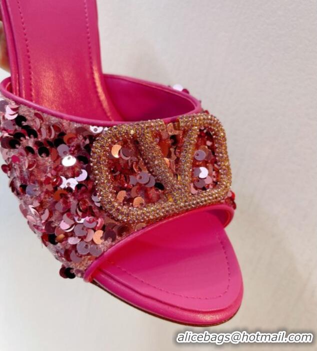 Grade Quality Valentino Crystal VLogo Slide Sandals 8cm in Shiny Sequins Light Pink 330091