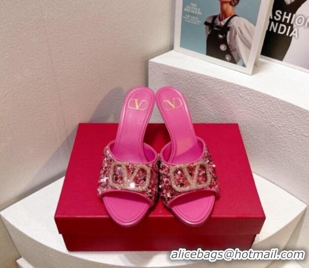 Grade Quality Valentino Crystal VLogo Slide Sandals 8cm in Shiny Sequins Light Pink 330091