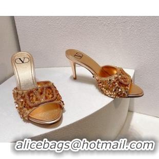 Good Product Valentino Crystal VLogo Slide Sandals 8cm in Shiny Sequins Gold 330092