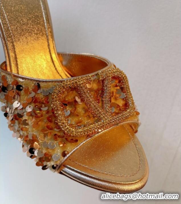 Good Product Valentino Crystal VLogo Slide Sandals 8cm in Shiny Sequins Gold 330092