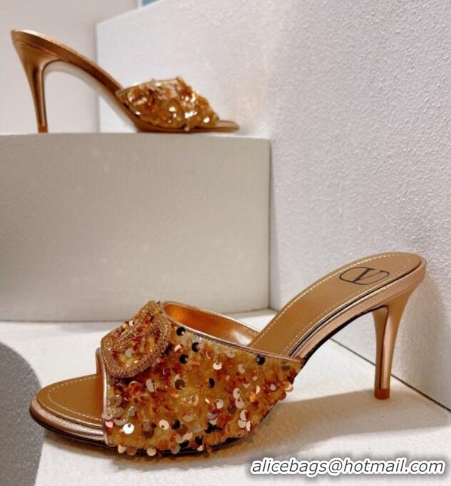 Good Product Valentino Crystal VLogo Slide Sandals 8cm in Shiny Sequins Gold 330092