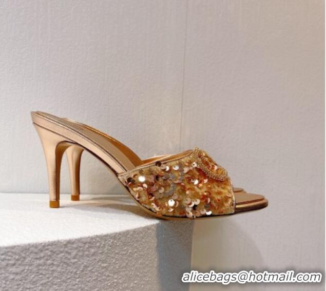 Good Product Valentino Crystal VLogo Slide Sandals 8cm in Shiny Sequins Gold 330092