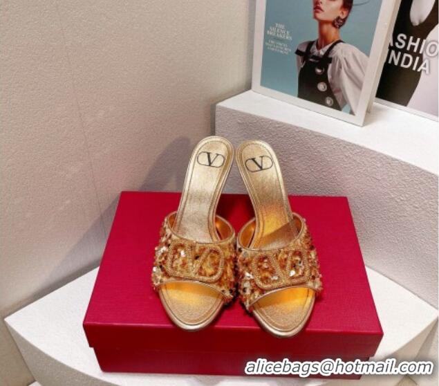 Good Product Valentino Crystal VLogo Slide Sandals 8cm in Shiny Sequins Gold 330092