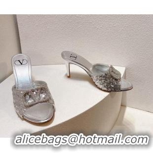 Trendy Design Valentino Crystal VLogo Slide Sandals 8cm in Shiny Sequins Silver 330093