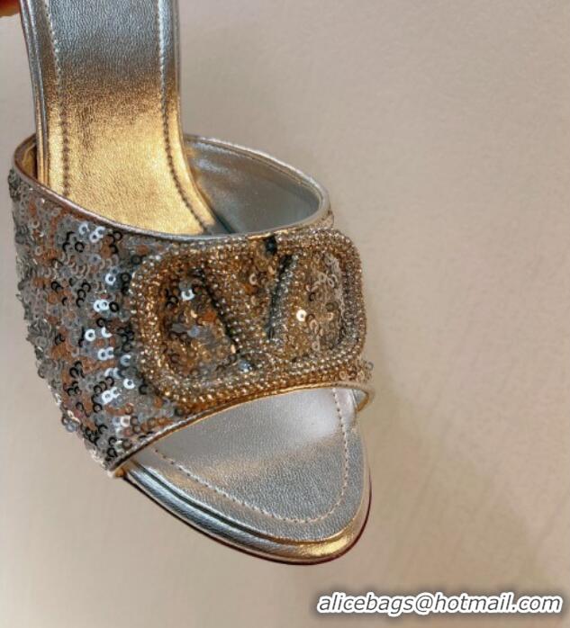 Trendy Design Valentino Crystal VLogo Slide Sandals 8cm in Shiny Sequins Silver 330093