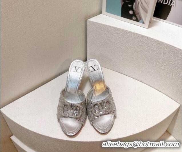 Trendy Design Valentino Crystal VLogo Slide Sandals 8cm in Shiny Sequins Silver 330093