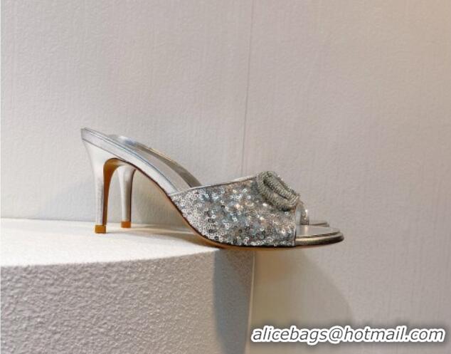 Trendy Design Valentino Crystal VLogo Slide Sandals 8cm in Shiny Sequins Silver 330093