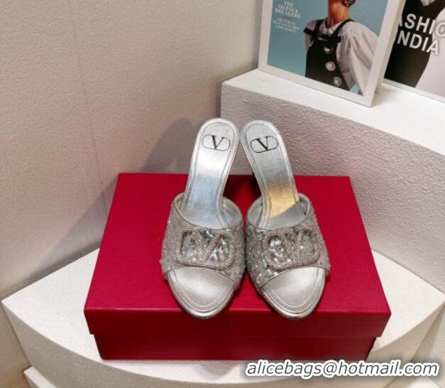 Trendy Design Valentino Crystal VLogo Slide Sandals 8cm in Shiny Sequins Silver 330093