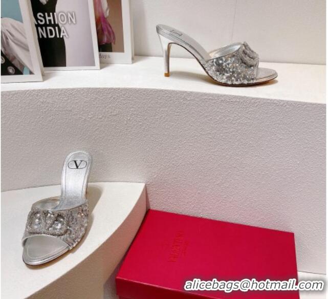 Trendy Design Valentino Crystal VLogo Slide Sandals 8cm in Shiny Sequins Silver 330093