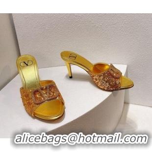 Charming Valentino Crystal VLogo Slide Sandals 8cm in Shiny Sequins Yellow Gold 330094