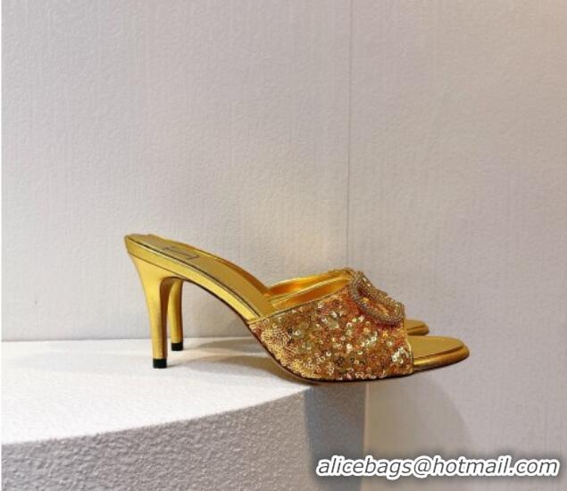 Charming Valentino Crystal VLogo Slide Sandals 8cm in Shiny Sequins Yellow Gold 330094