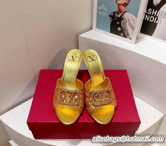 Charming Valentino Crystal VLogo Slide Sandals 8cm in Shiny Sequins Yellow Gold 330094