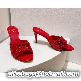 Best Price Valentino Crystal VLogo Slide Sandals 8cm in Shiny Sequins Red 330096