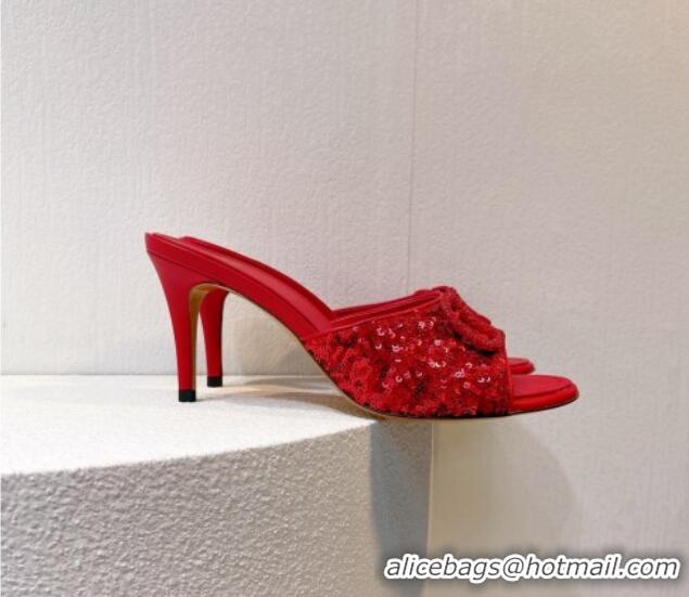 Best Price Valentino Crystal VLogo Slide Sandals 8cm in Shiny Sequins Red 330096