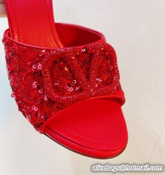 Best Price Valentino Crystal VLogo Slide Sandals 8cm in Shiny Sequins Red 330096