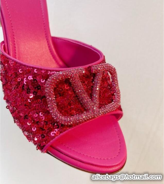 Discount Valentino Crystal VLogo Slide Sandals 8cm in Shiny Sequins Dark Pink 330095