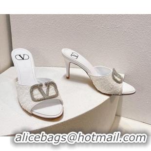 Unique Style Valentino Crystal VLogo Slide Sandals 8cm in Shiny Sequins White 330097