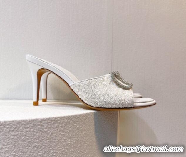 Unique Style Valentino Crystal VLogo Slide Sandals 8cm in Shiny Sequins White 330097