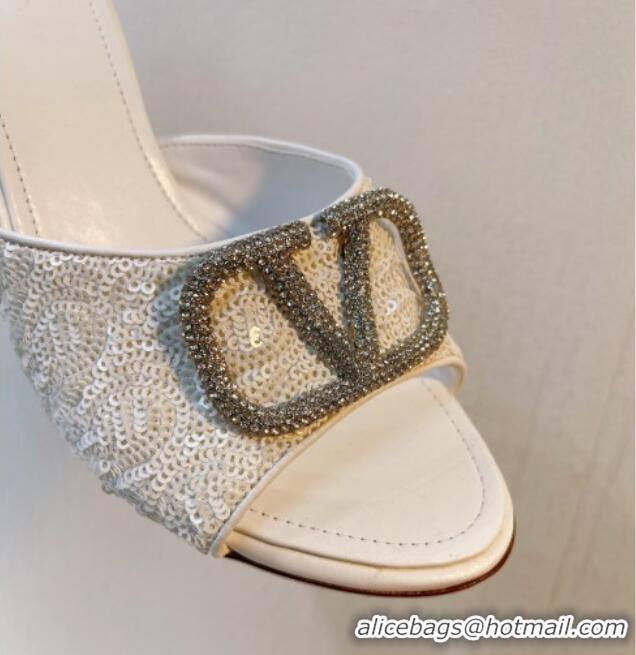 Unique Style Valentino Crystal VLogo Slide Sandals 8cm in Shiny Sequins White 330097