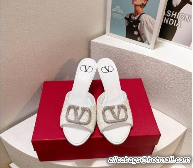 Unique Style Valentino Crystal VLogo Slide Sandals 8cm in Shiny Sequins White 330097