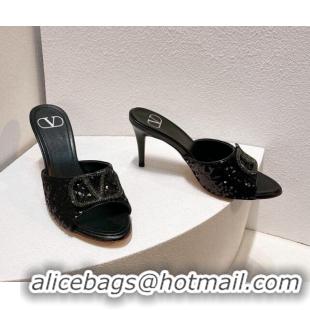 Best Product Valentino Crystal VLogo Slide Sandals 8cm in Shiny Sequins Black 330098