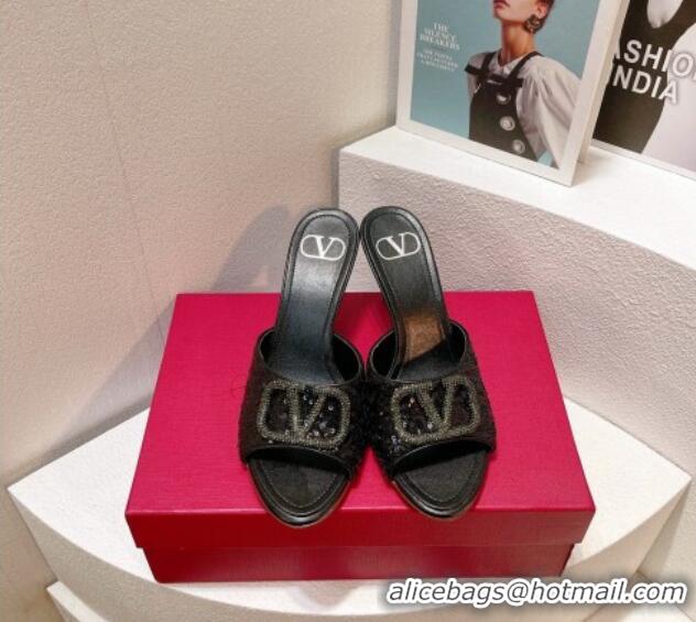 Best Product Valentino Crystal VLogo Slide Sandals 8cm in Shiny Sequins Black 330098