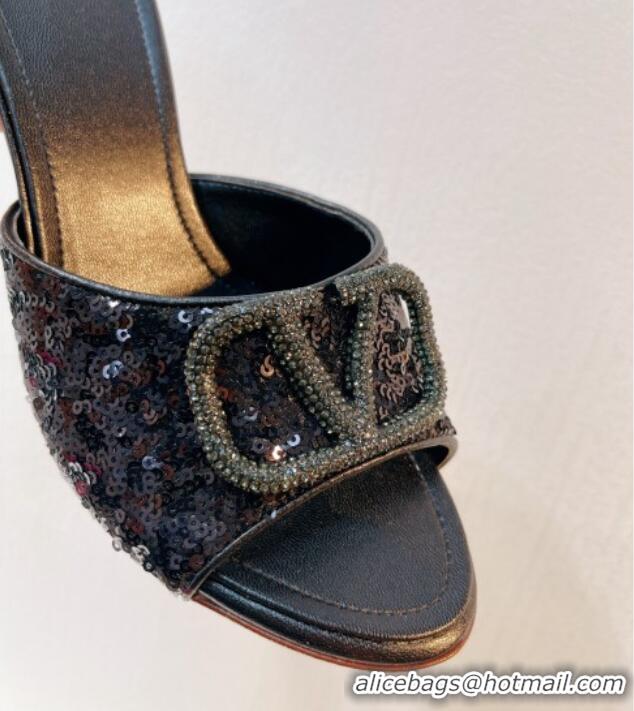 Best Product Valentino Crystal VLogo Slide Sandals 8cm in Shiny Sequins Black 330098