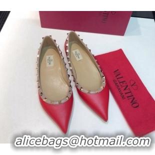 Luxury Valentino Rockstud Lambskin Flat Ballerinas Red 330103