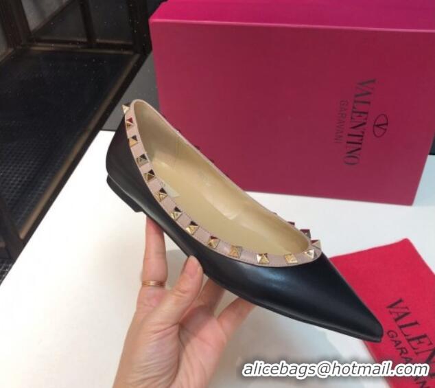 Pretty Style Valentino Rockstud Lambskin Flat Ballerinas Black 330099