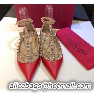 Good Quality Valentino Rockstud Lambskin Ballerinas with Double Straps Red 330106