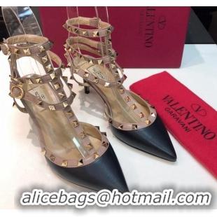 Durable Valentino Rockstud Lambskin Medium Heel Pumps 6.5cm with Three Straps Black 330111