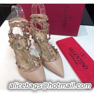 Cheap Valentino Rockstud Lambskin Medium Heel Pumps 6.5cm with Three Straps Nude 330112