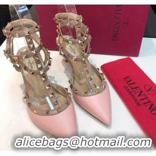 Grade Quality Valentino Rockstud Lambskin Medium Heel Pumps 6.5cm with Three Straps Pink 330113