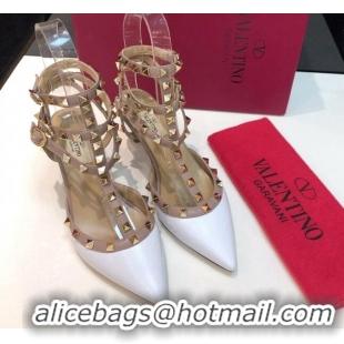 Fashion Valentino Rockstud Lambskin Medium Heel Pumps 6.5cm with Three Straps White 330114