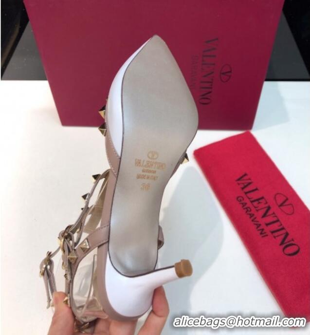 Fashion Valentino Rockstud Lambskin Medium Heel Pumps 6.5cm with Three Straps White 330114